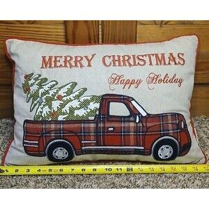 LovingKindness Christmas Plaid Truck Embroidered Lumbar Pillow 14x20 Down Insert